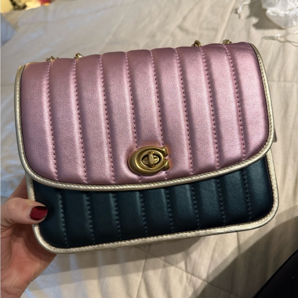 Rare Coach Metallic Madison Shoulder Bag With Colorblock Quilting - green & pink